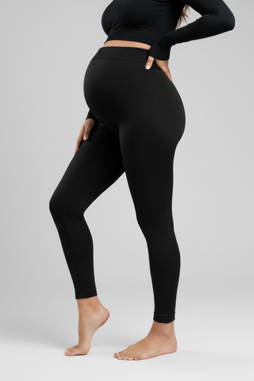 Person wearing black leggings on a plain background