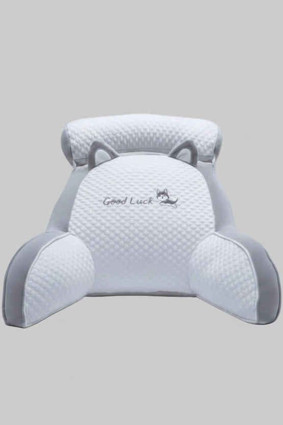 Person using a large, plush, bear-shaped pillow with 'Good Lucky' text in a cozy room.