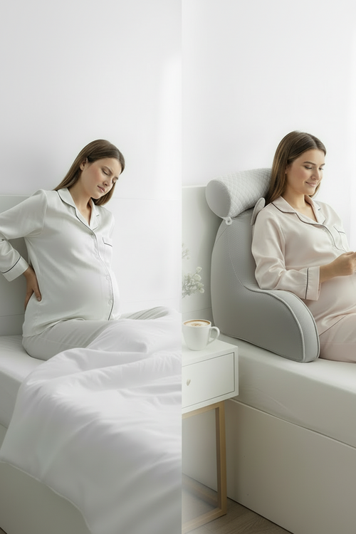 Pregnant woman experiencing pain on the left, using a pillow for relief on the right.