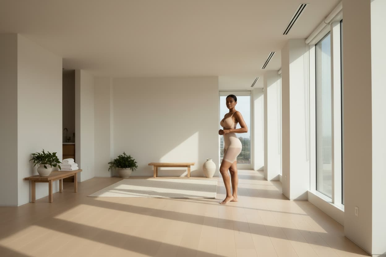Woman standing in a modern, sunlit room with minimal decor