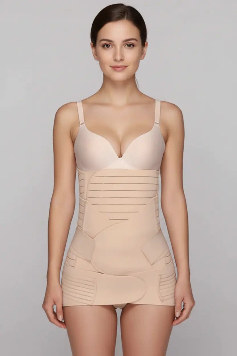 Woman wearing a beige shapewear garment on a plain background