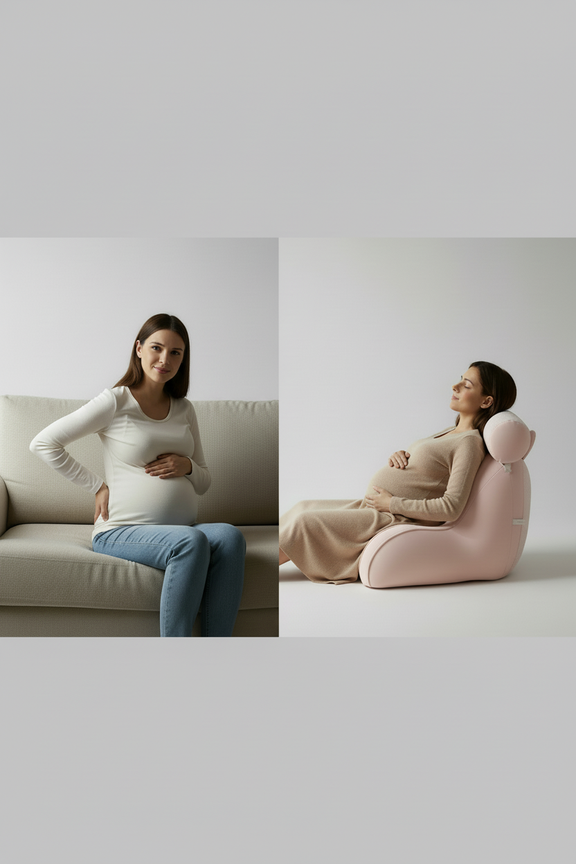 Pregnant woman sitting on a couch next to a pink pregnancy support pillow.