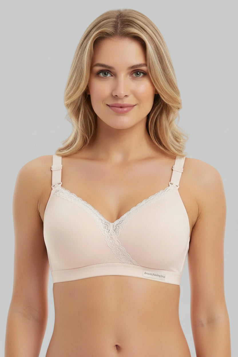 Beige bra with text on a white background with a black handbag and lipstick.