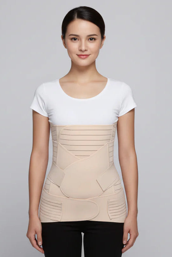 Woman wearing a beige compression garment against a gray background