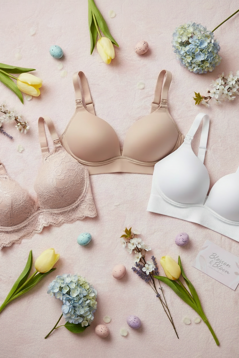 Three bras in beige, white, and pink on a pink background with flowers and Easter eggs.