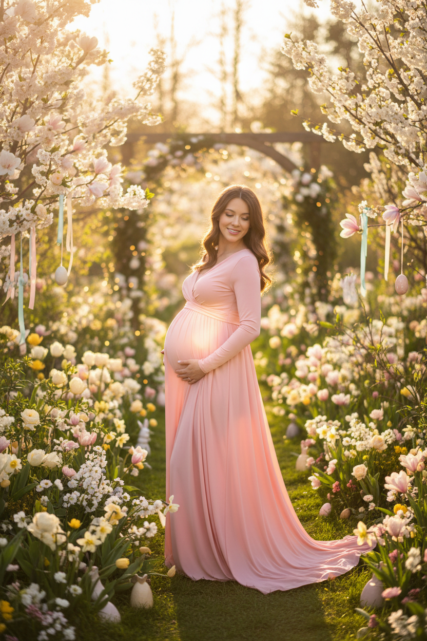 Pregnant woman in a pink dress standing in a garden with cherry blossoms and Easter decorations.