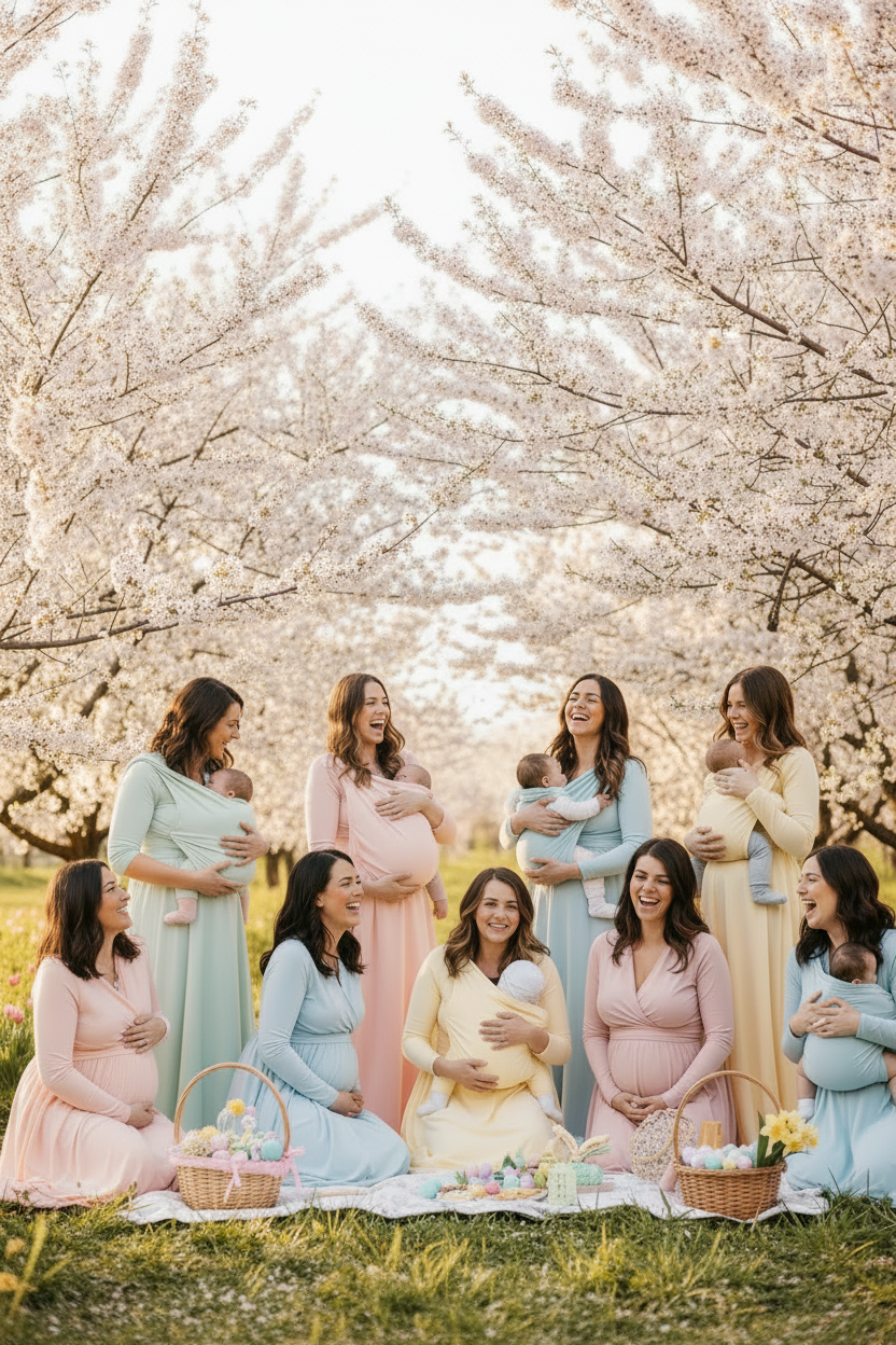 Group of pregnant women posing outdoors with cherry blossom trees in the background