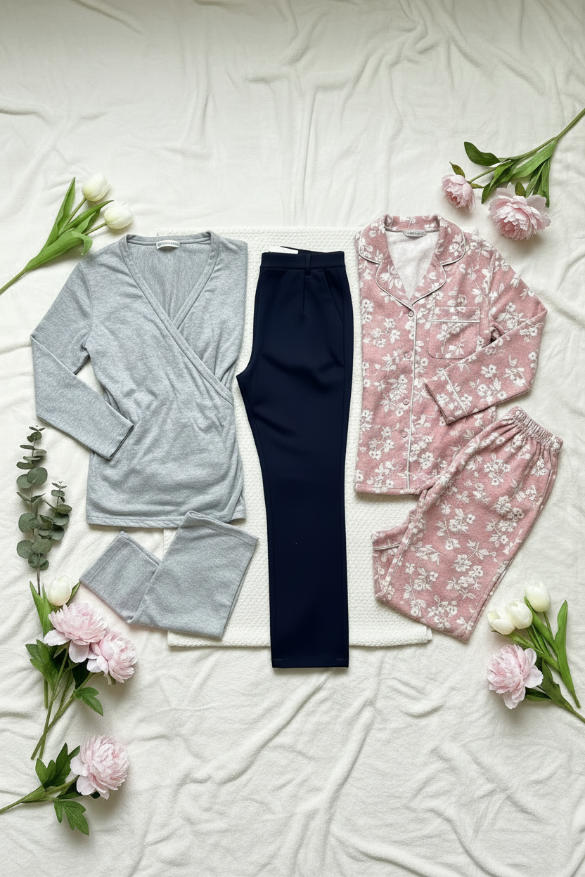 Two sets of pajamas, one gray and one pink with floral pattern, on a textured white surface with flowers.